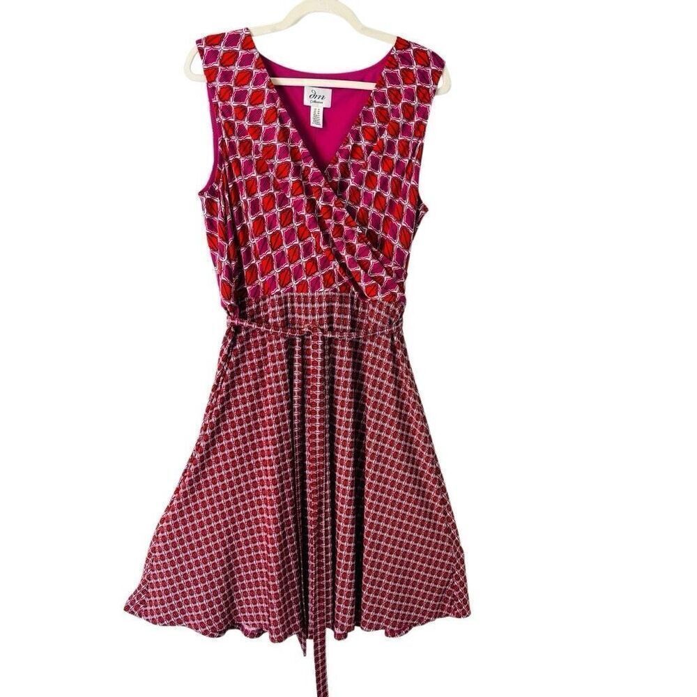 JM Collection 16 v-neck faux wrap bodice pink & purple print dress